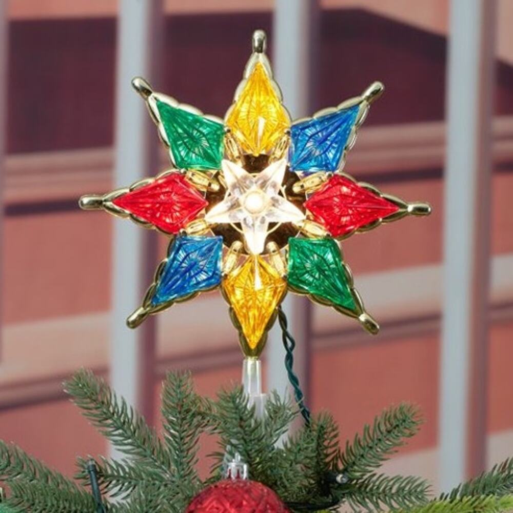 Retro Nostalgic 8" Gold Trim Multicolor Star Christmas Tree Topper Light Up Lit